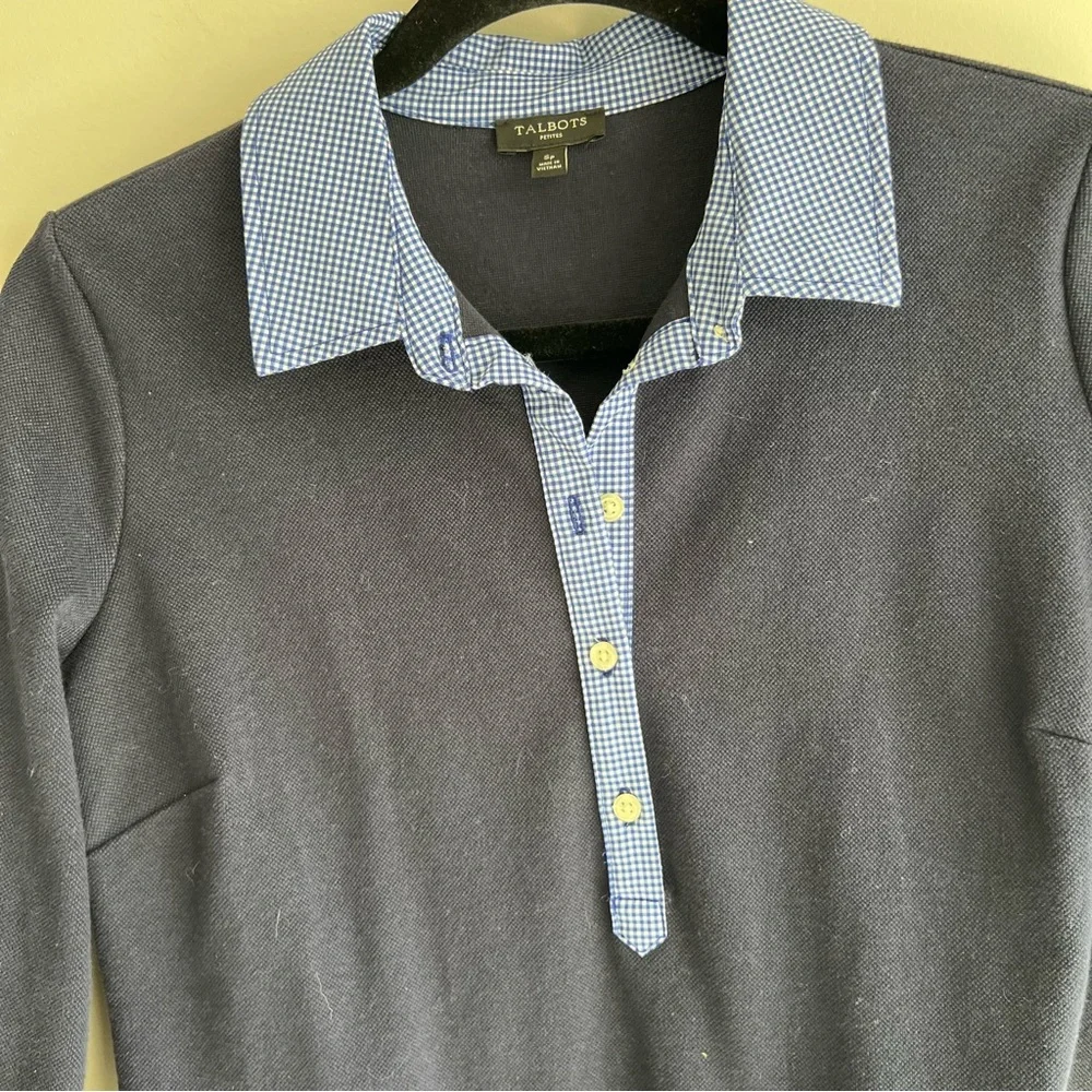 Talbots Cotton Polo Pique Popover Shirt Dress gingham collar cuffs small petite